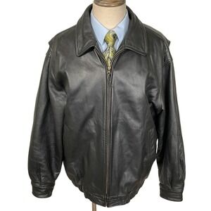 St Johns Bay Genuine Leather Bomber Jacket Mens XLT Black Full Zip Lined Casual